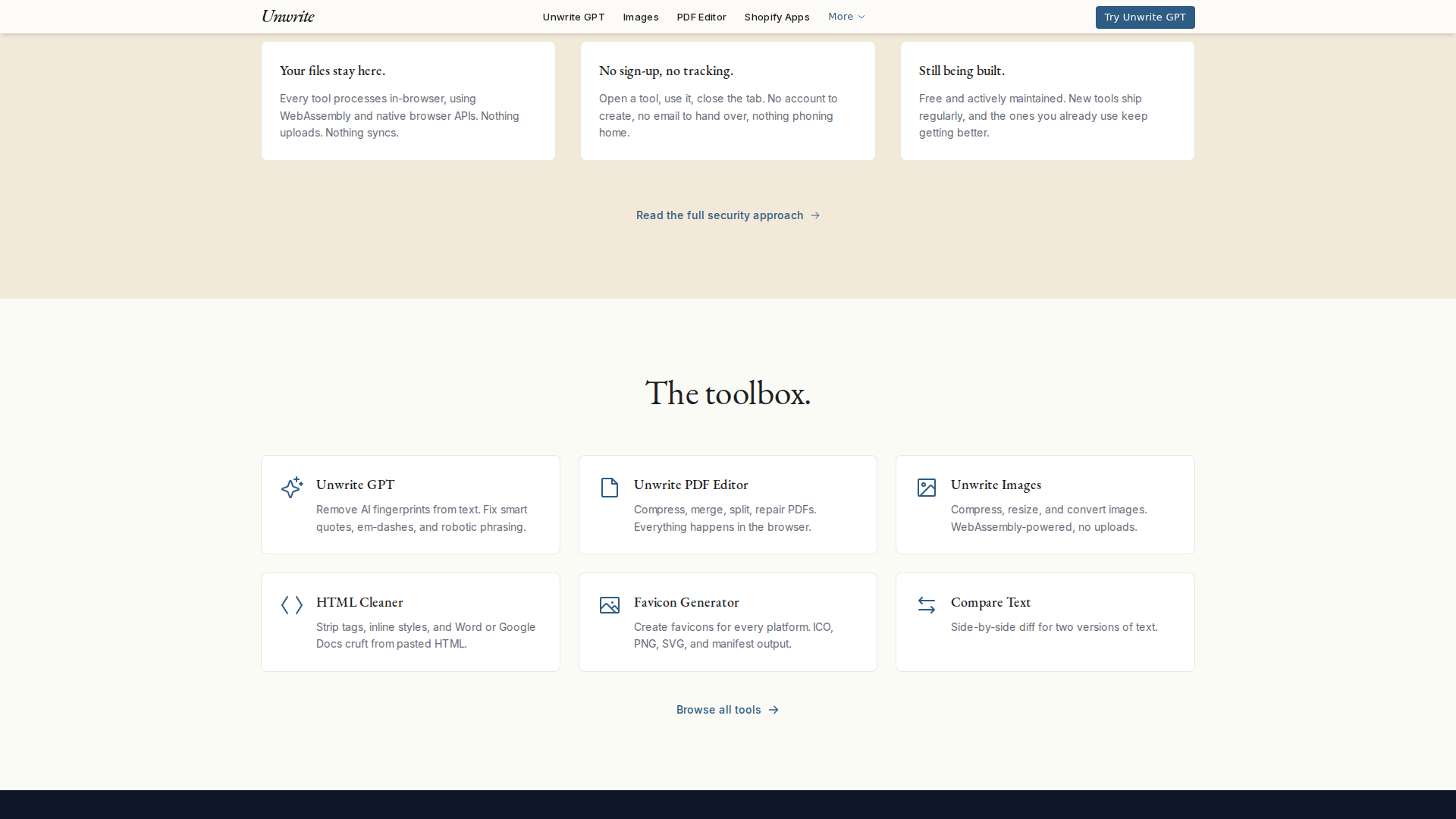 Six tool cards - Unwrite GPT, PDF Editor, Images, HTML Cleaner, Favicon Generator and Compare Text - under the heading "The toolbox".
